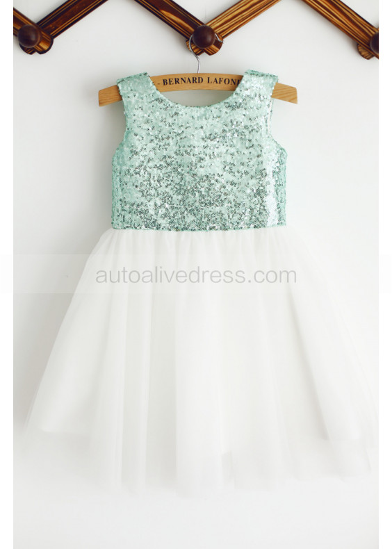 Green Sequin Tulle Knee Length Flower Girl Dress